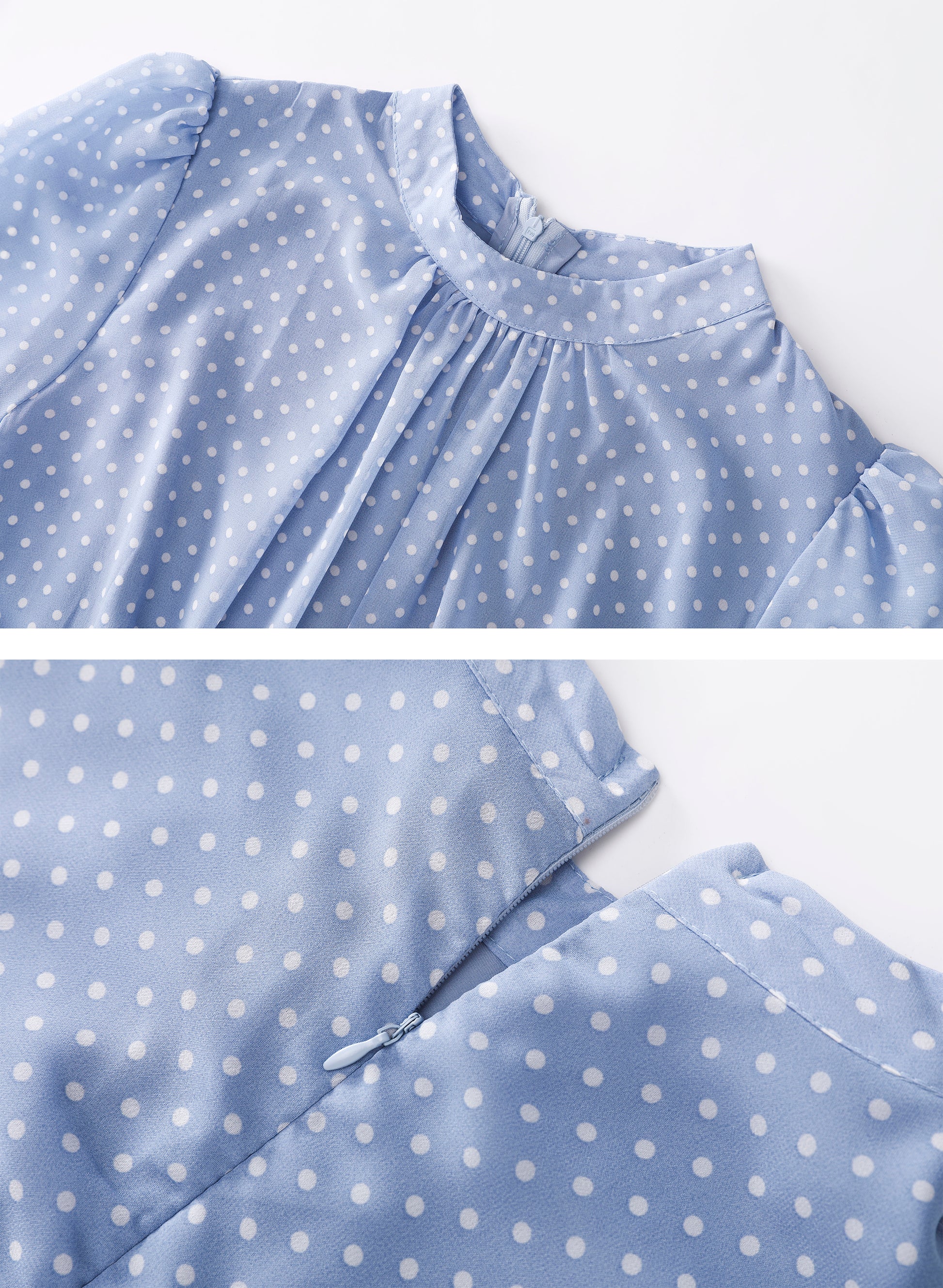 Blue Short Sleeve Polka Dot Ruffle Chiffon Maxi Dress - LAI MENG FIVE CATS