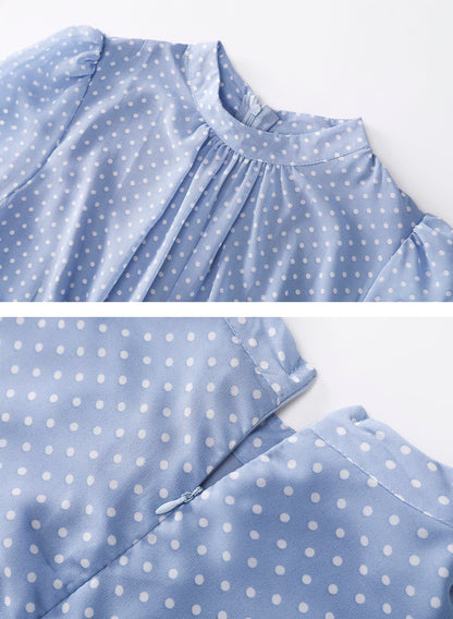 Blue Short Sleeve Polka Dot Ruffle Chiffon Maxi Dress - LAI MENG FIVE CATS