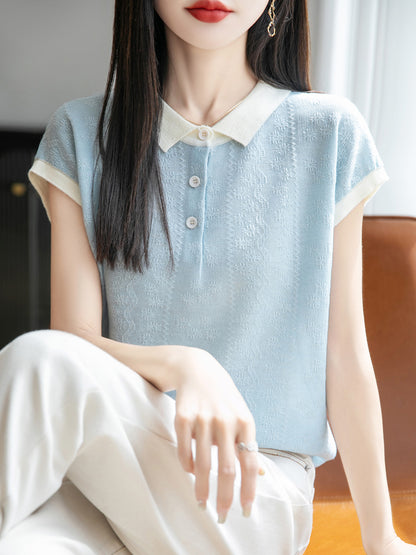 Women's Polo Shirt Knit Tops Color Block Blouse