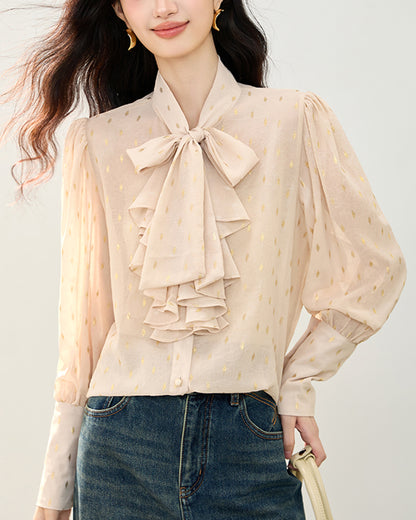 Bow Tie Ruffle Blouse with Metallic Print