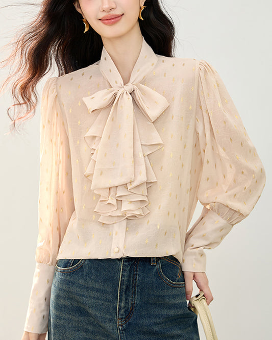 Bow Tie Ruffle Blouse with Metallic Print