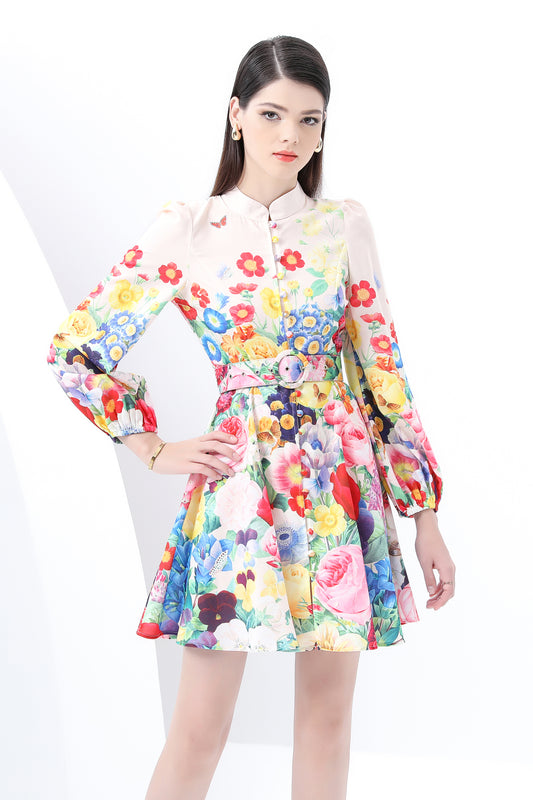 Women's Lantern Sleeve Floral Print Mini Dress