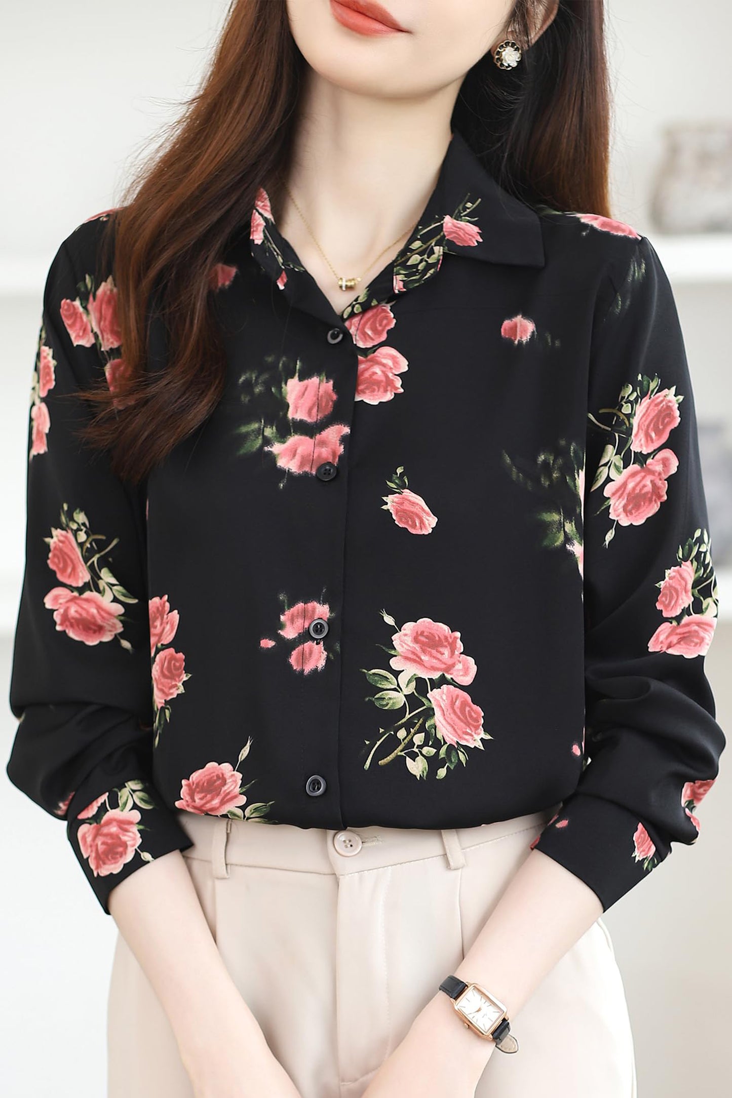 Shirt Floral Print Long Sleeve Button Blouse