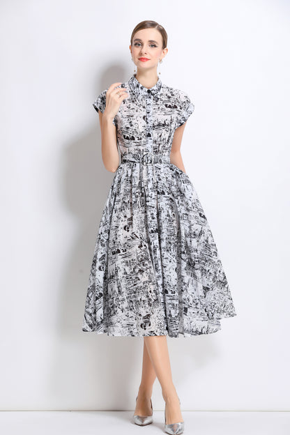 Women's Short Sleeves Collar Printed Buttons Midi Dress