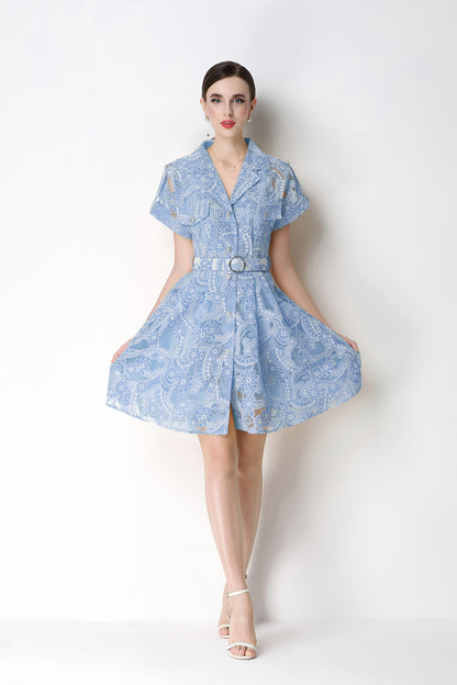Sky Blue Lace Shirt Mini Dress | Summer Backyard Party Style