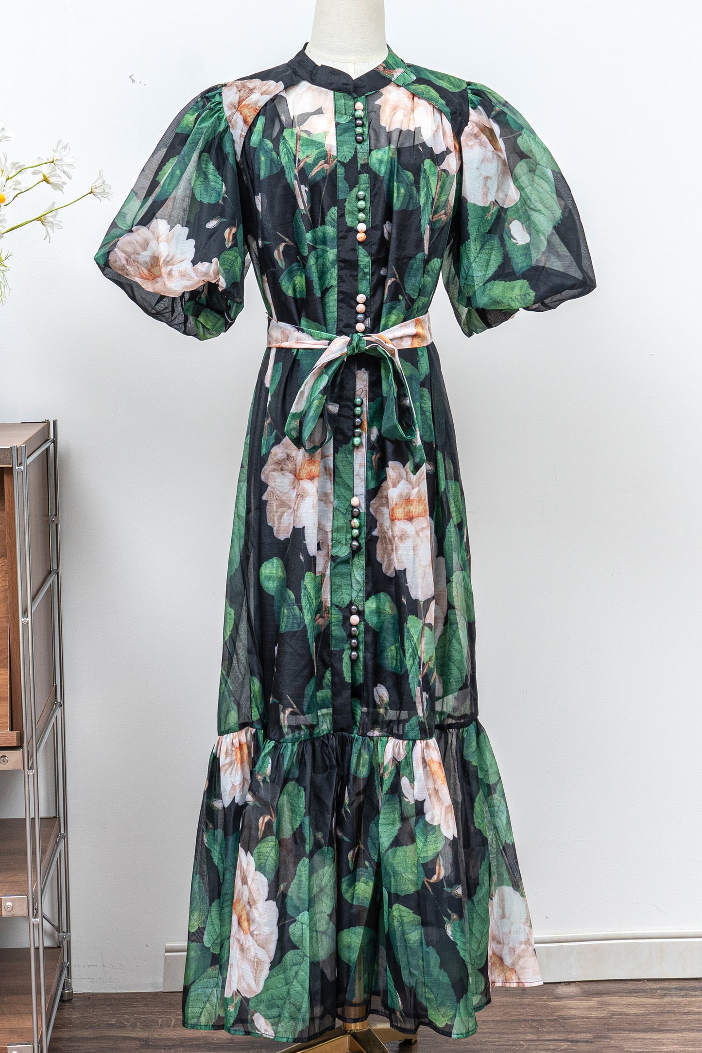 Women's Floral Print Puff Sleeve Fishtail Loose Maxi Dress