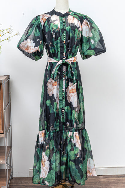 Women's Floral Print Puff Sleeve Fishtail Loose Maxi Dress