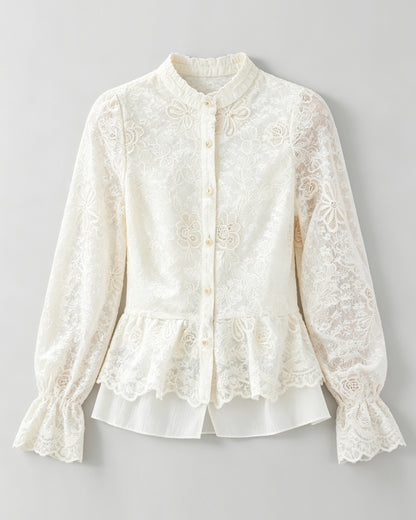 Ivory Lace Embroidered Button-Front Blouse