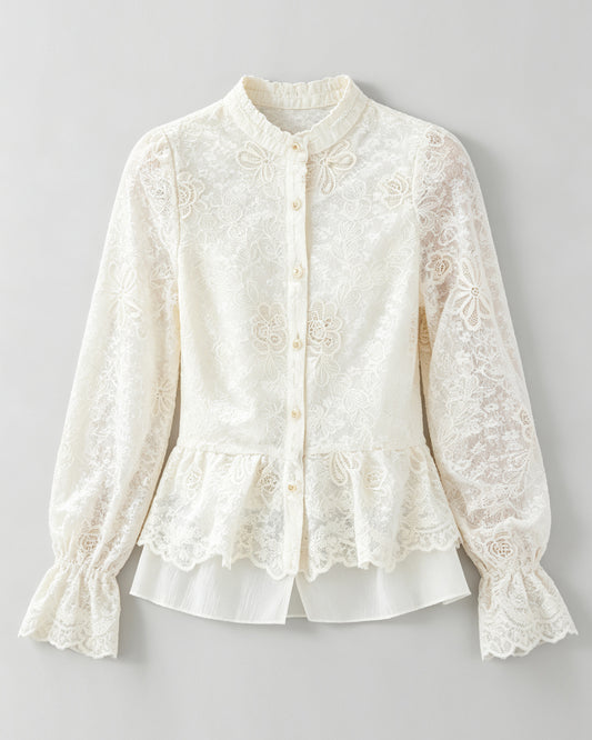 Ivory Lace Embroidered Button-Front Blouse