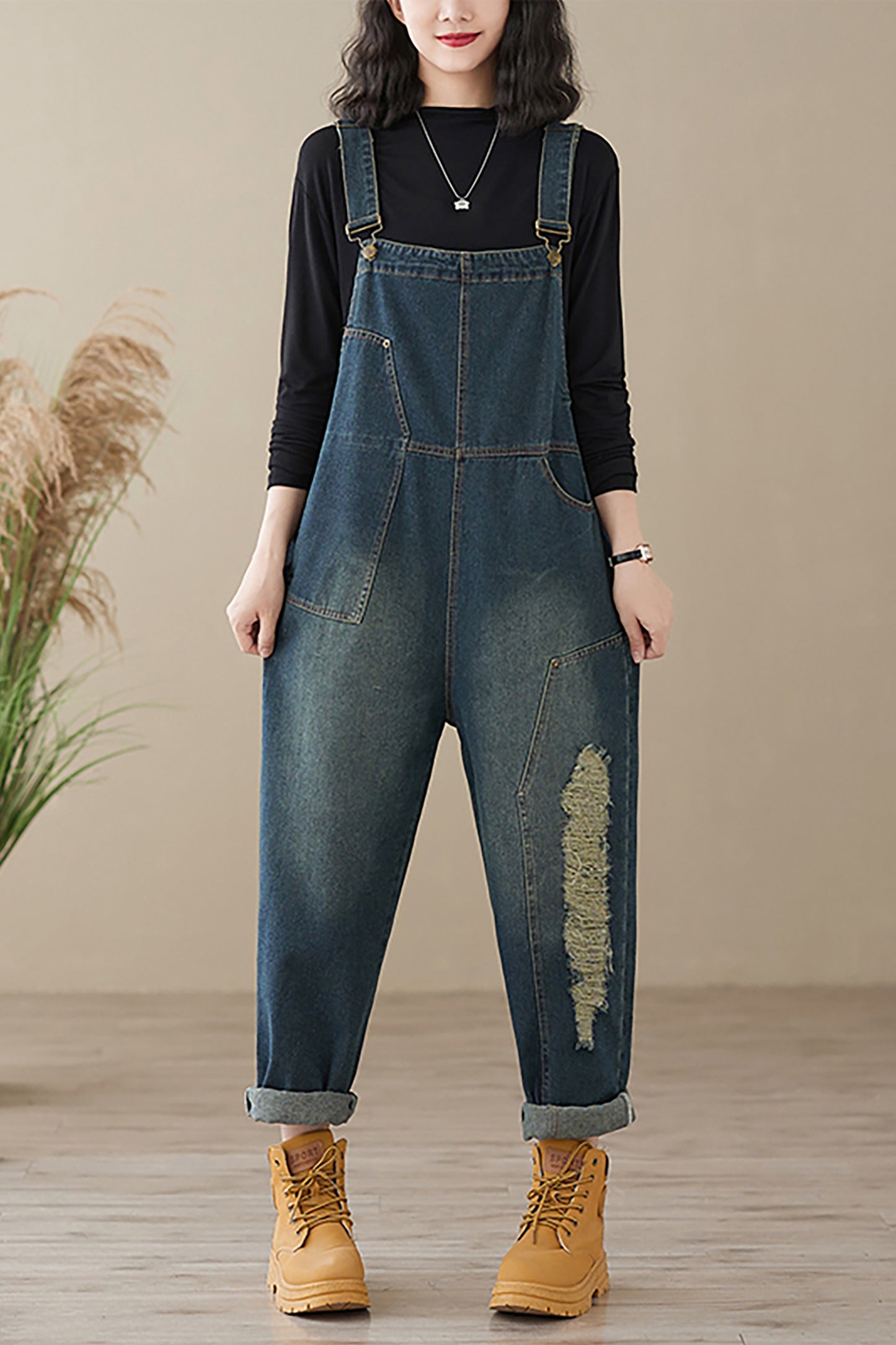 Stretchy Loose Bib Overalls with Pockets