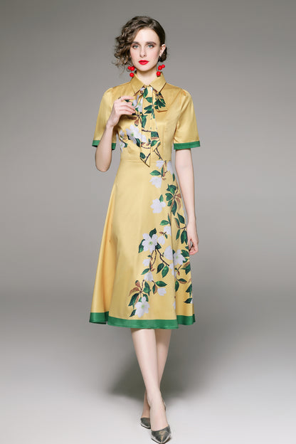 FSY-Women's Short Sleeve Floral Print Button Midi Dress