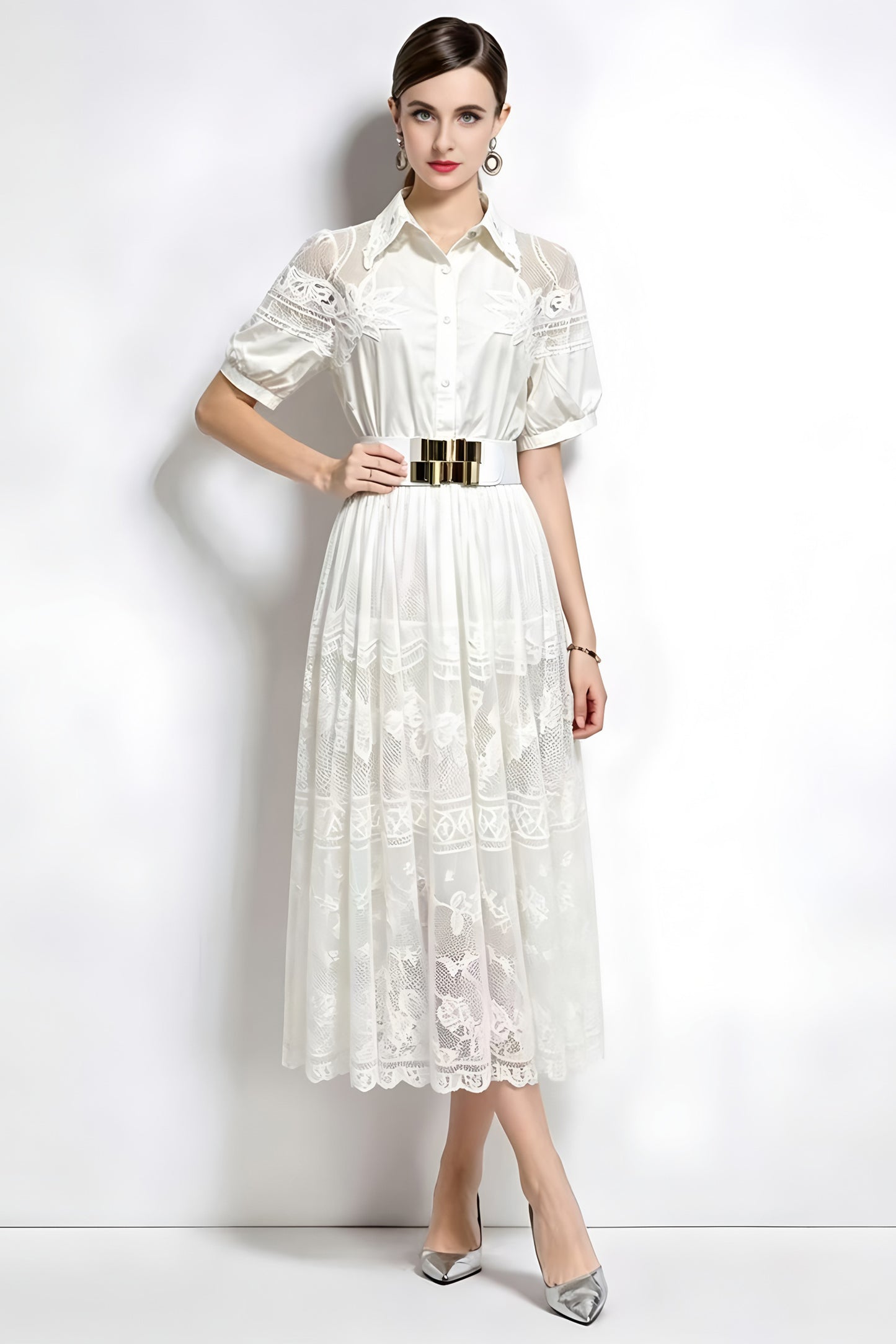 Romantic White Short Sleeve Lace Mesh Midi Dress with Belt