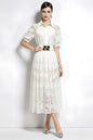 Romantic White Short Sleeve Lace Mesh Midi Dress with Belt