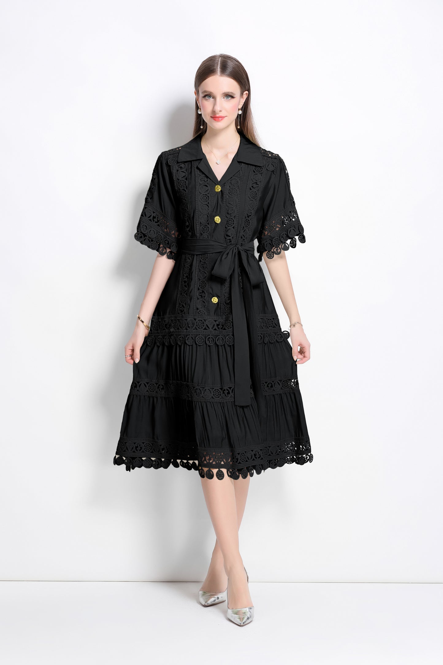 Women's Lace Lapel V-Neck Short Sleeve Midi Dress