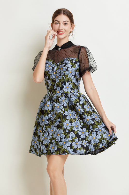 Women's Floral Printed Jacquard Mesh Mini Dress