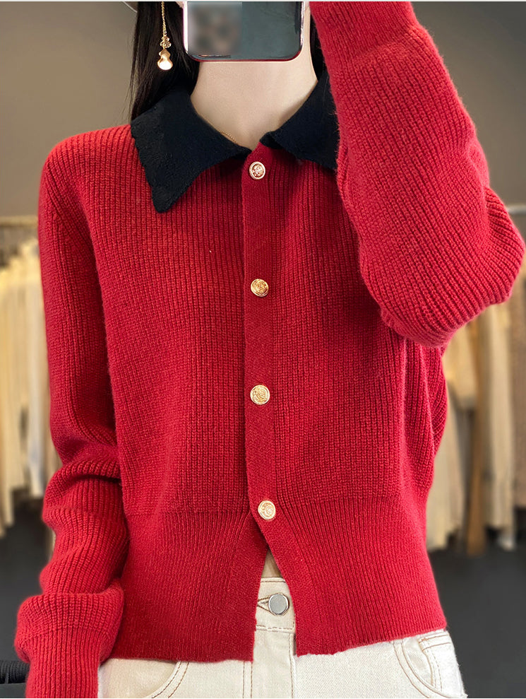 Chic Contrast Collar Knit Cardigan – Vintage Button Ribbed Sweater Top