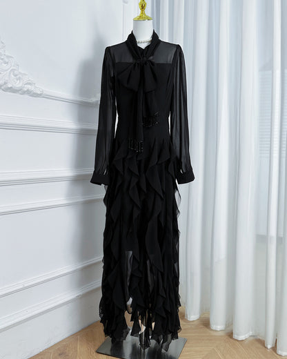 Elegant Chiffon Maxi Dress with Scarf Neck & Rhinestone Fringe