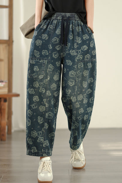 Women's Baggy Jeans Drawstring Elastic Barrel Denim Pants
