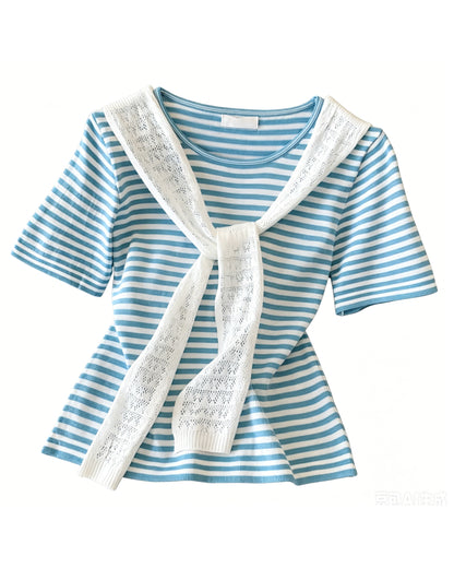 Coastal Stripe Knit Top with Scarf Tie Detail – Lightweight Summer Essential
