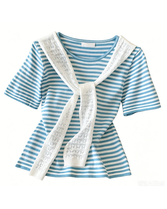 Coastal Stripe Knit Top with Scarf Tie Detail – Lightweight Summer Essential