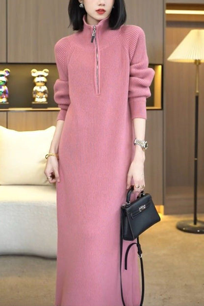 Women's Knit Long Sleeve Quarter Zip Sweater Maxi Dress