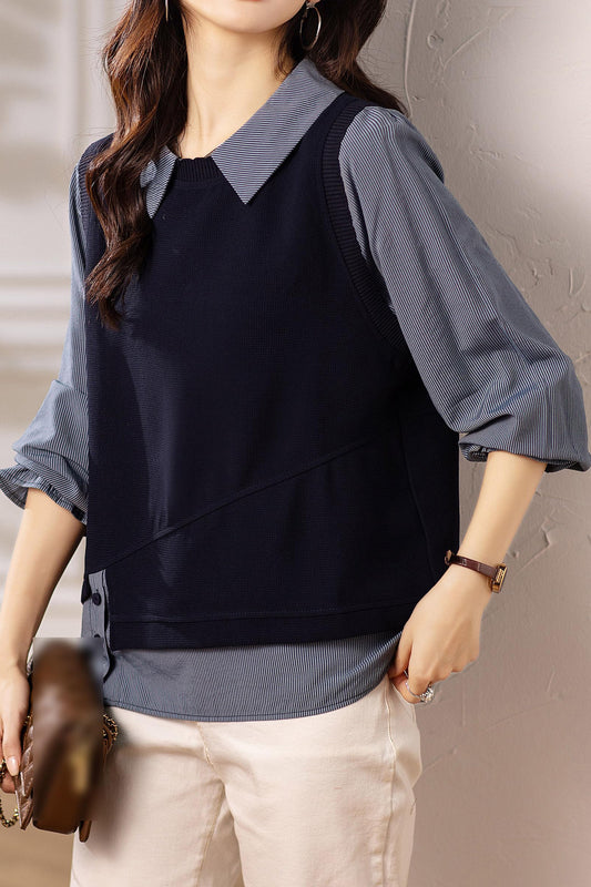 Long Sleeve Shirt Patchwork Blouse Top