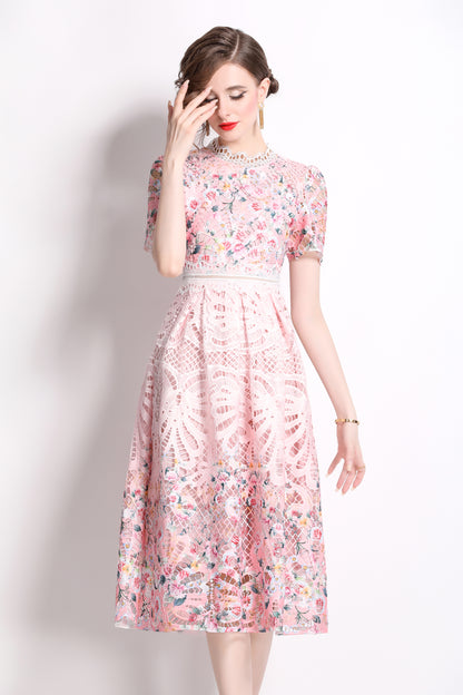 Women's Lace Floral Crochet Waist Midi Dress