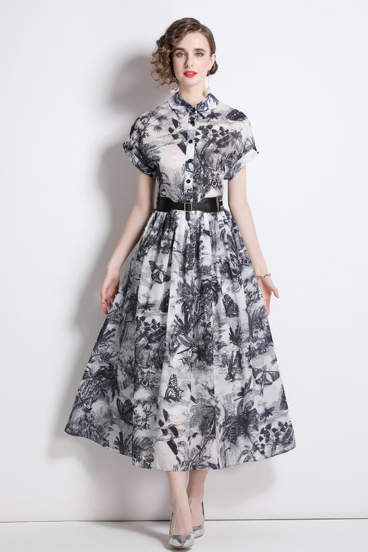 Women's Short Sleeves Collar Printed Midi Dress