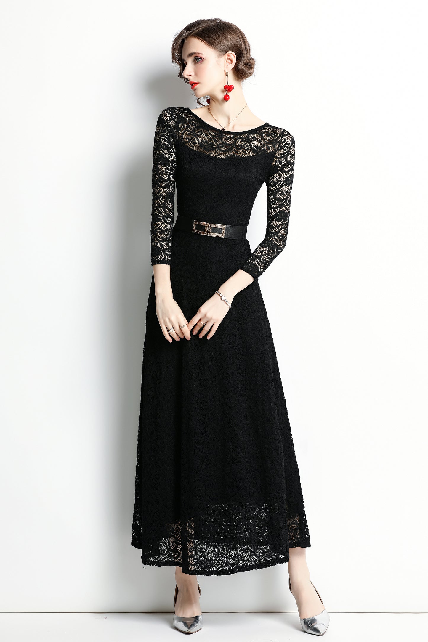 SSY-Women's 3/4 Sleeve Lace Overlay Maxi Dress