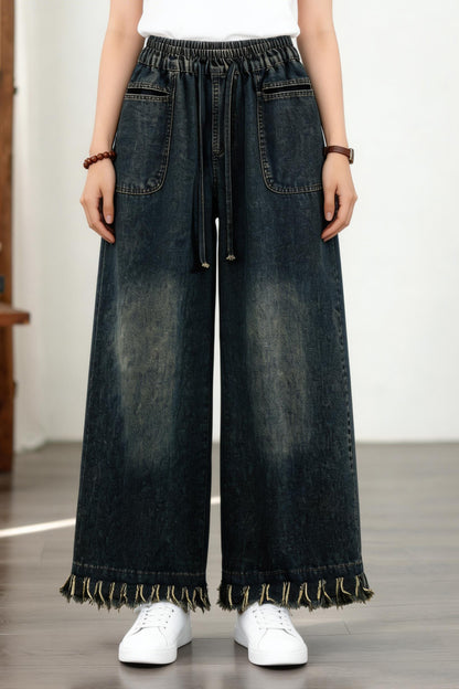 26-Women's Baggy Jeans Elastic Waist Loose Denim Pants