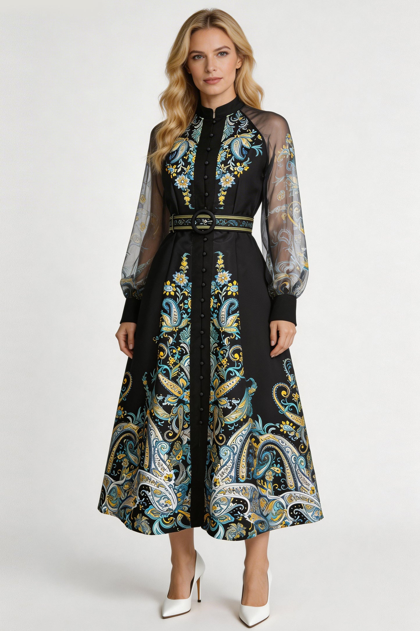 26-Women's Puff Sleeves Floral Print Button Maxi Dress