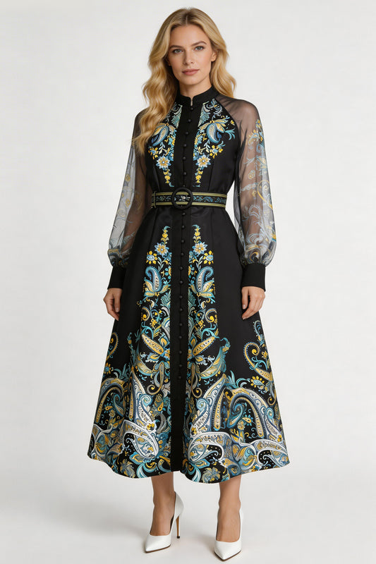 26-Women's Puff Sleeves Floral Print Button Maxi Dress