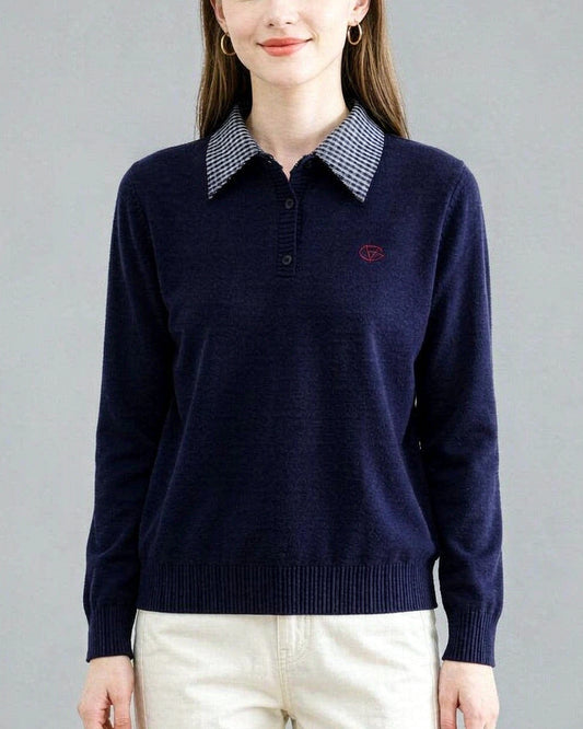 Plaid Collar Knit Sweater | Contrast Collar Pullover - LAI MENG FIVE CATS