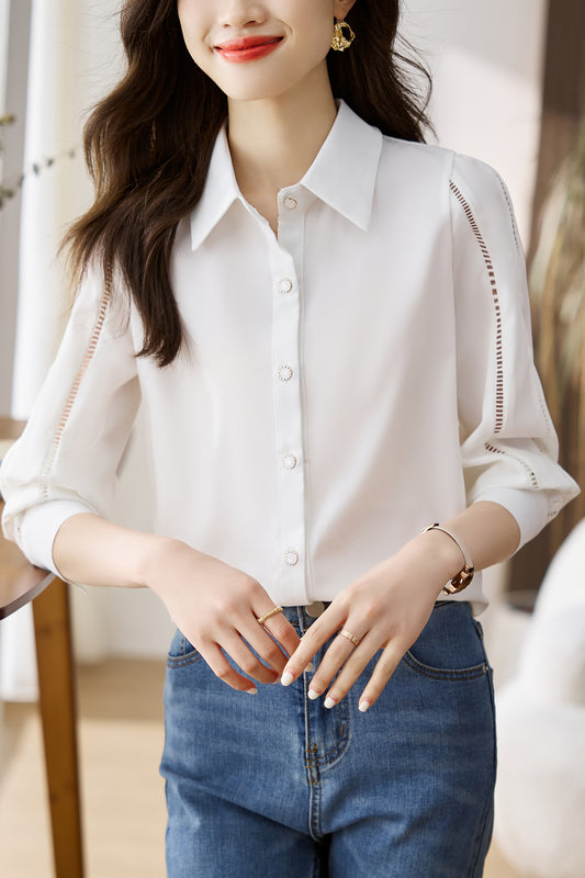 Women's Lapel Collar Long Sleeve Casual Button Blouse - LAI MENG FIVE CATS