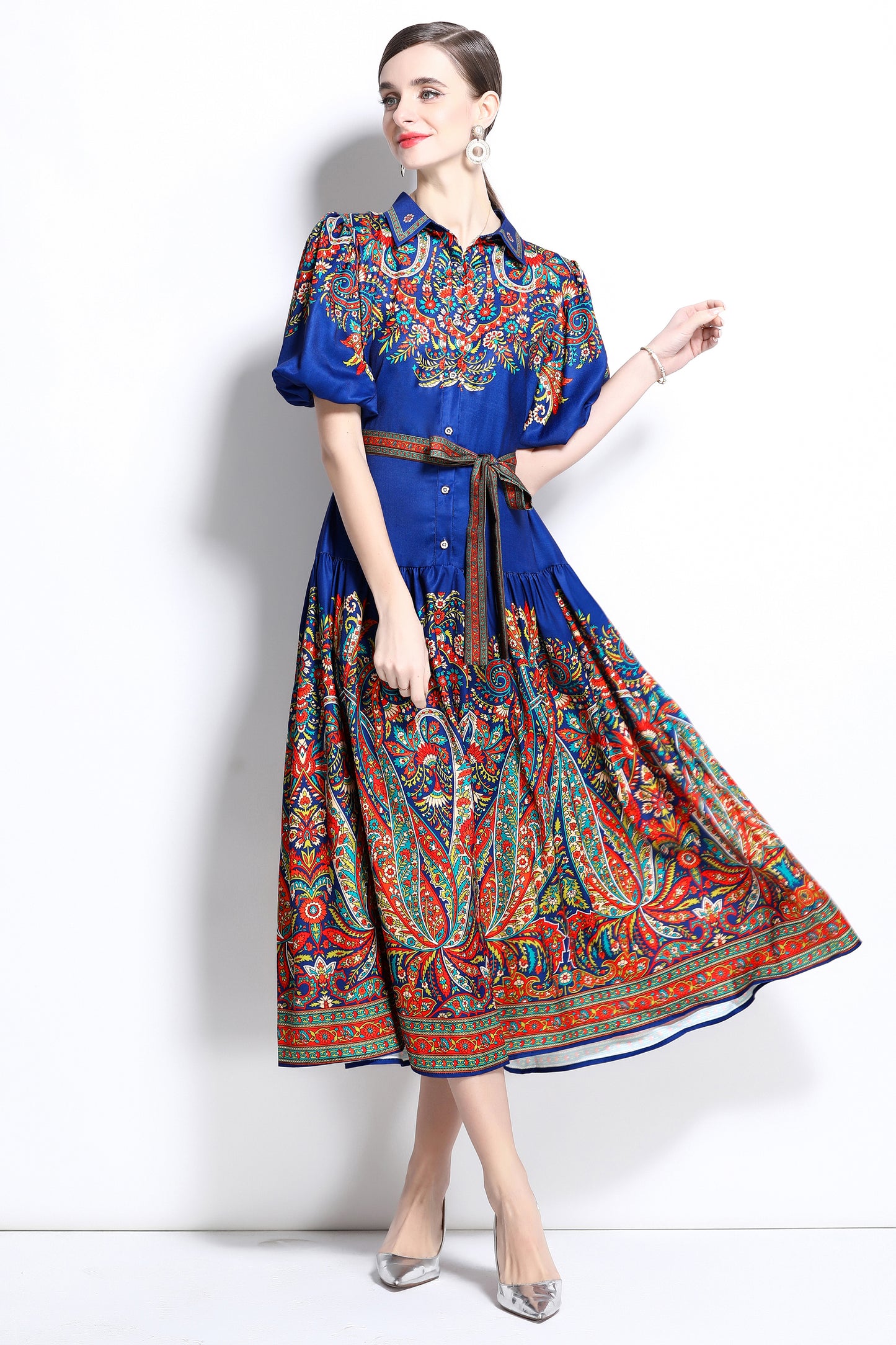 Women's Ethnic Print Loose Short Puff Sleeve Midi Dress