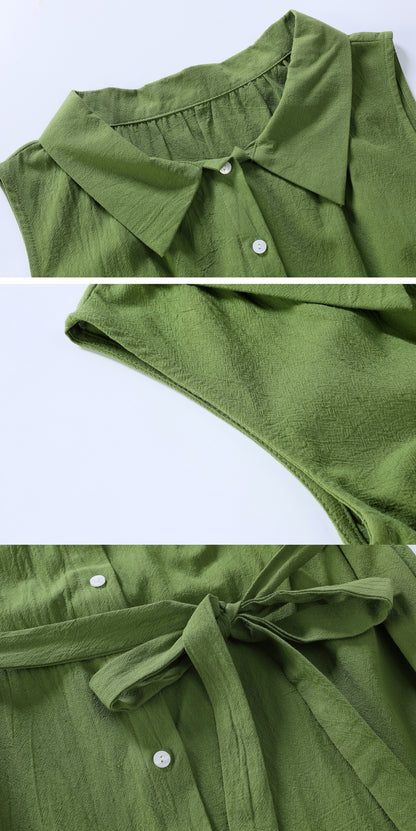 Green Sleeveless Button Front Belted Midi Dress with Pockets