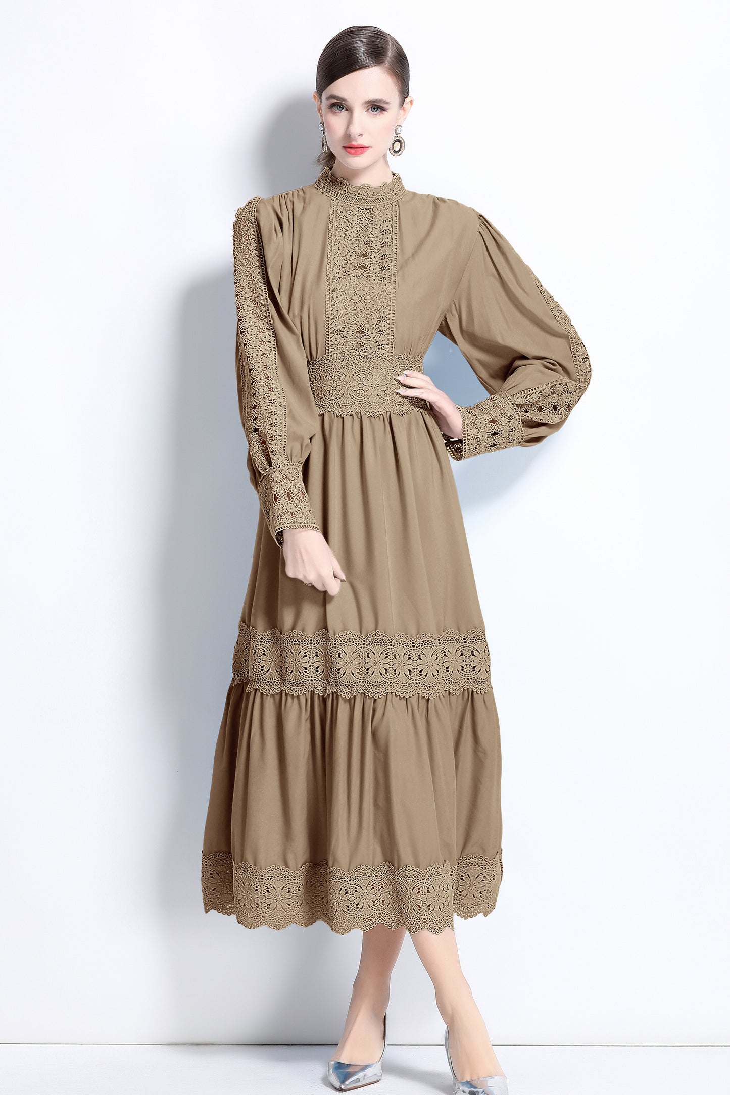 Women's Mock Neck Lantern Sleeve Lace Tiered Maxi Dress