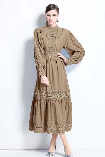 Women's Mock Neck Lantern Sleeve Lace Tiered Maxi Dress