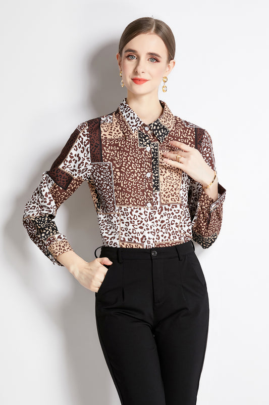 ESY-Women's Shirt Print Long Sleeve Button Blouse