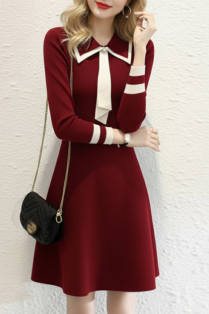 Women's Tie Contrasting Color Collar Knit Sweater Dress