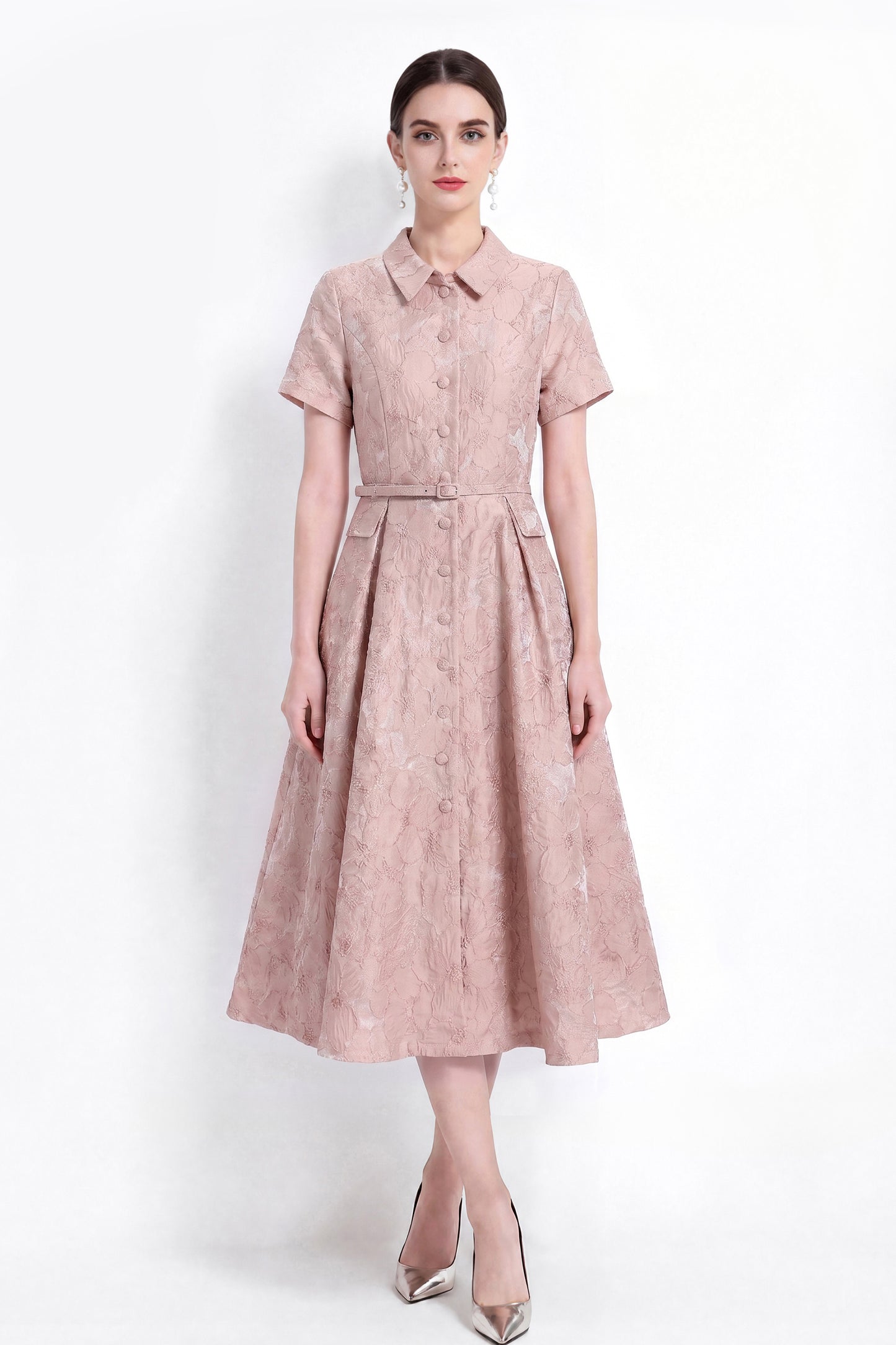 Luxury Jacquard Button-Front A-Line Midi Dress with Belt