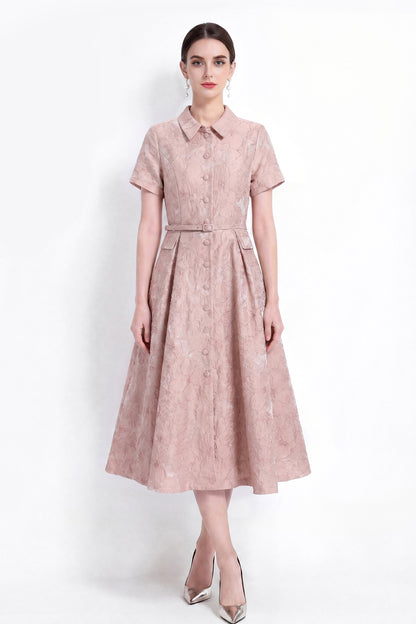 Luxury Jacquard Button-Front A-Line Midi Dress with Belt
