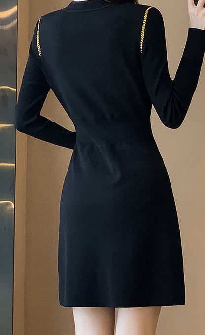 28702 Black Gold Button Knit Mini Dress with Chain Detail