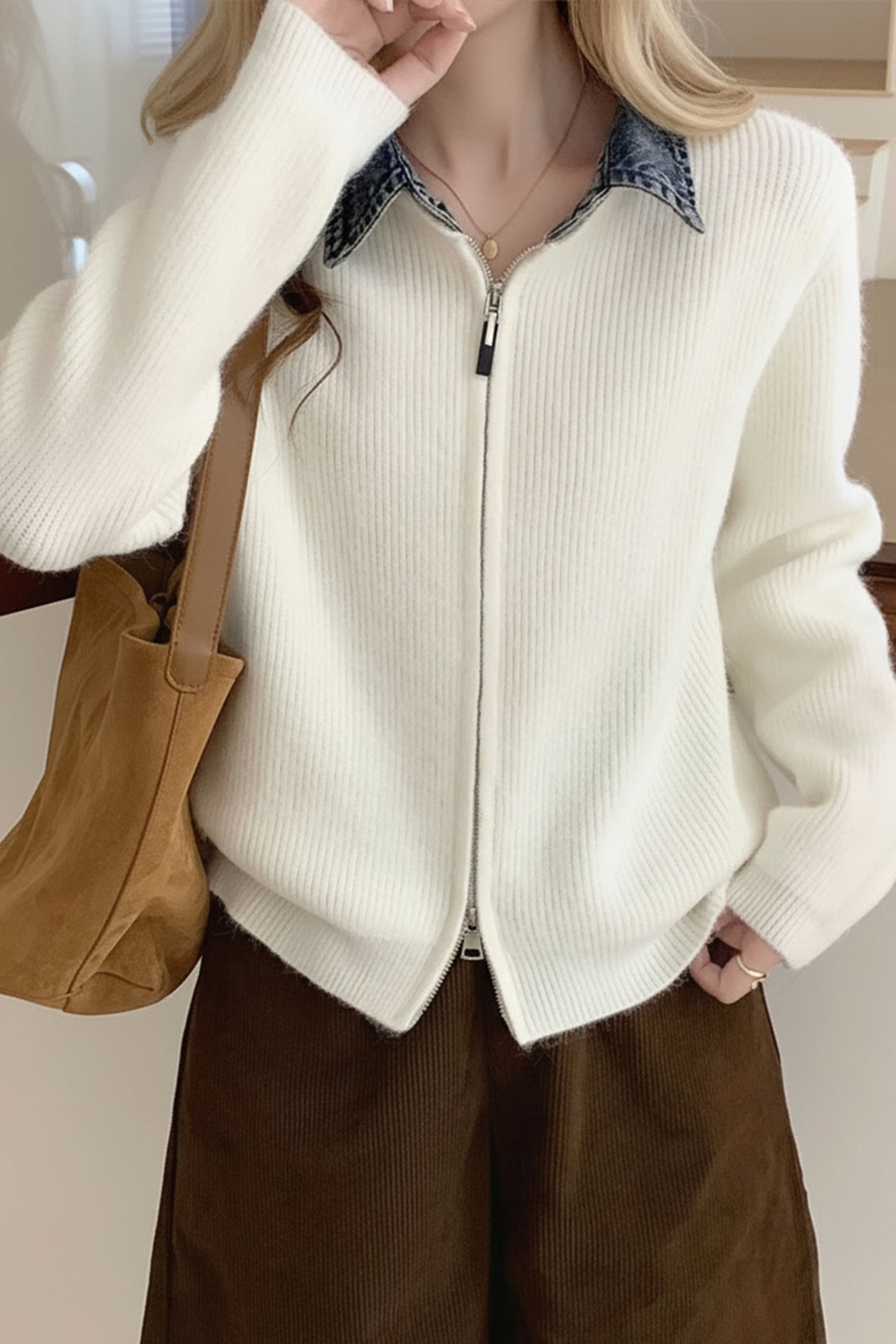 Women's Zip Up Cardigan Sweater Denim Polo Knit Tops