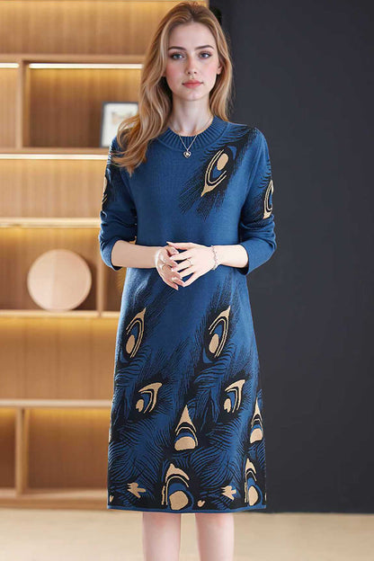 Women's Fall Long Sleeve Knitted Sweater Midi Dress