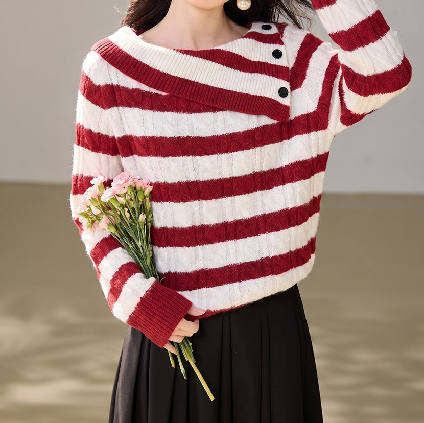 28684 Red & White Off-Shoulder Striped Knit Sweater