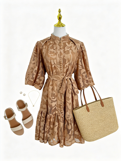 Khaki Coastal Romantic Mini Dress Loose Fit
