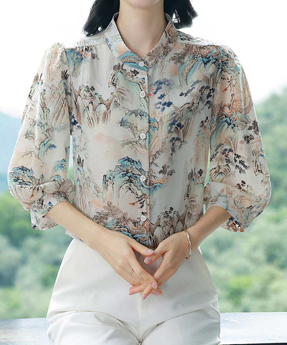 Landscape Print Mandarin Collar Blouse – Airy Luxe Summer Shirt