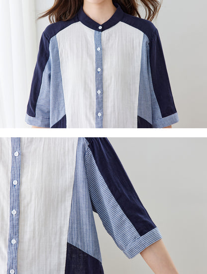 Cotton Colorblock Mandarin Collar Shirt – White & Navy