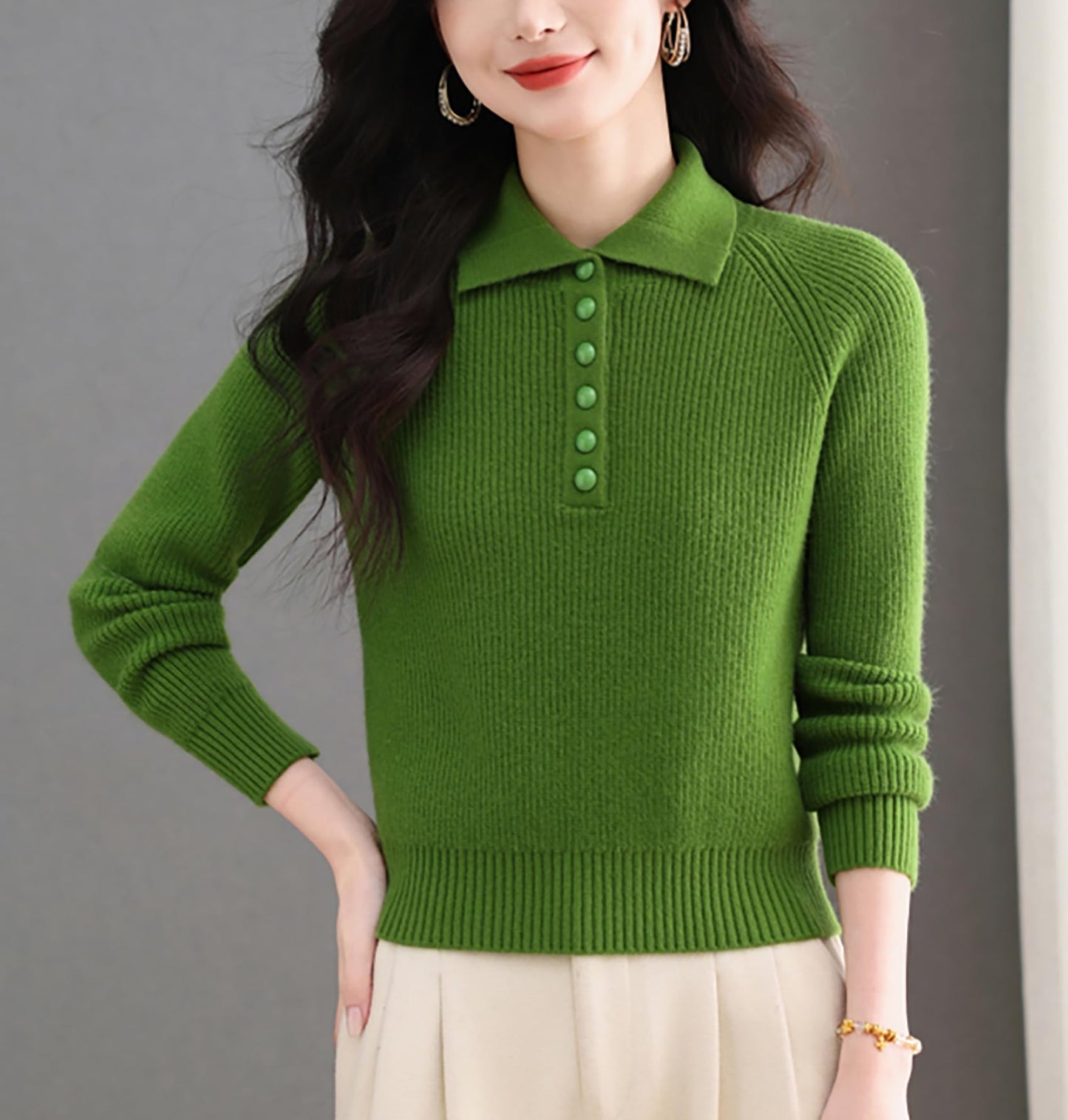 Women's Ribbed Knit Polo Top — Soft Button-Front Sweater